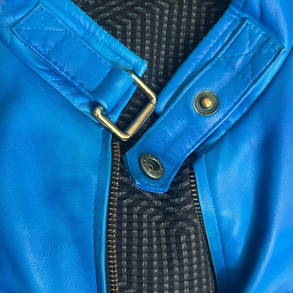 Genuine Leather Distressed Look Cafe Racer Jacket Zip Front & Sleeves Blue Large - Picture 7 of 14